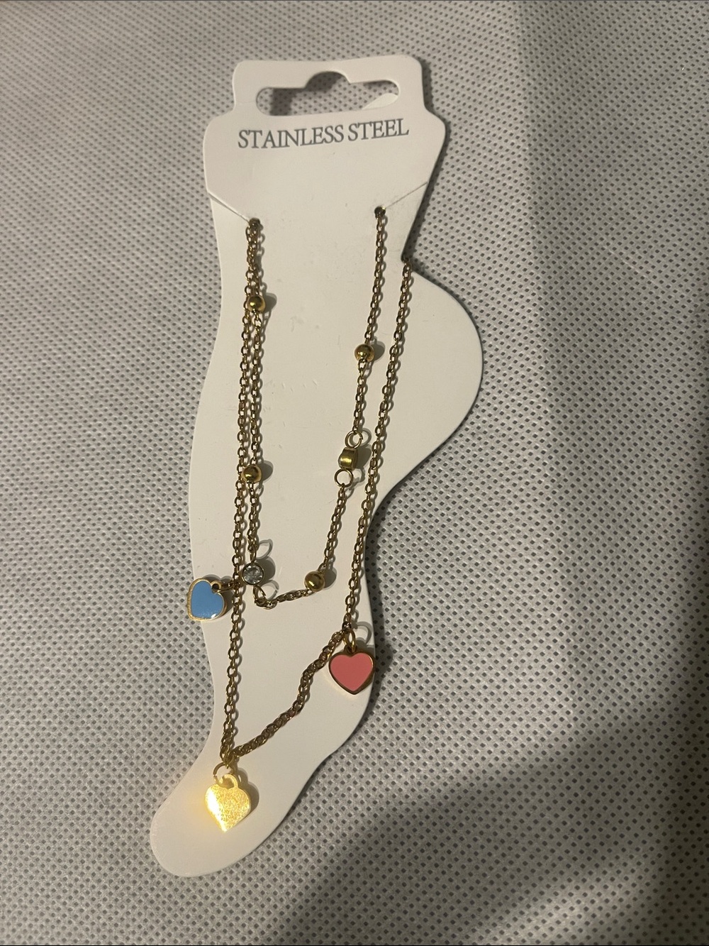 Stainless steel Gold-Tone Layered Anklet with Blue and Pink Heart Charms
